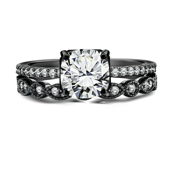 JeenMata 1.5 ct - Cushion Cut Moissanite - Pave Set - Simple Thin Band - Vintage Style Gothic Wedding Ring Set in 18K Black Gold over Silver
