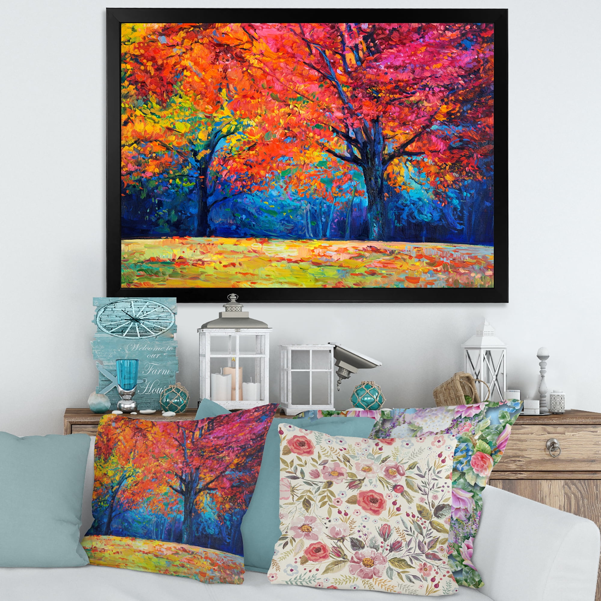 Designart 'Abstract Vibrant Red Tree In Autumn Landscape' Traditional Framed Art Print
