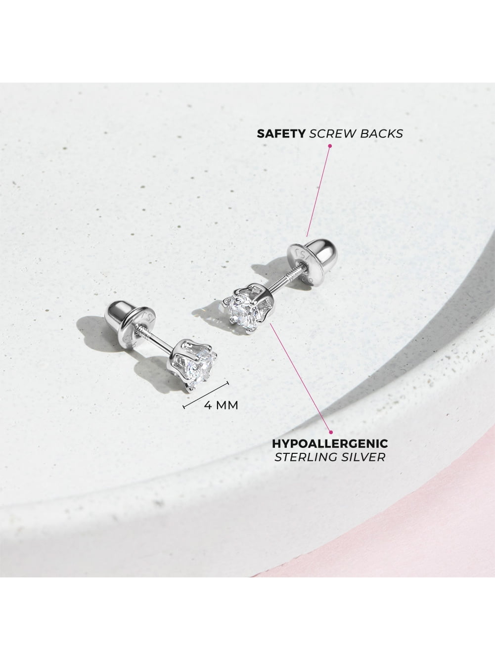 925 Sterling Silver 4mm Round CZ Prong Set Screw Back Earrings Girls Teens