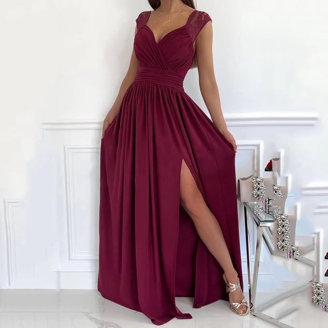 ICHUANYI Clearance Fashion Women Summer Solid Sleeveless V-Nevk Split Casual Lace Pachwork Dress(Wine, XL) ICHUANYI WER2023080912428