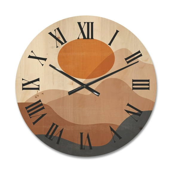 Designart 'Abstract Earth Toned Mountains With Red Moon II' Modern Wood Wall Clock