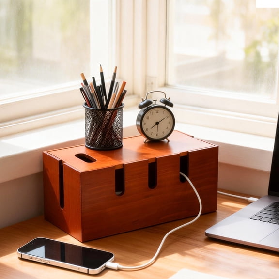 Large Cable Management Box (12x5.51x5.32 inch) Wooden Style Cord Organizer and Cover for TV Wires Computer Router USB Hub and Under Desk Power Strip