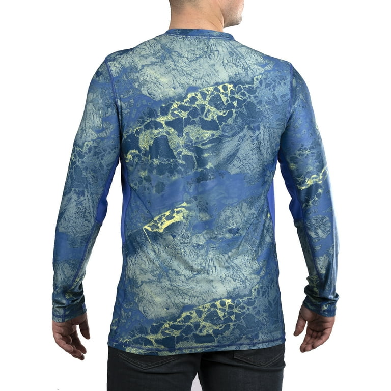 Realtree Wav3 Blue Yellow Long Sleeve Performance Fishing Shirt for Men 