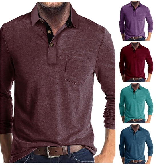 Trendfront Mens Solid Color Polo Shirts Long Sleeve Collared Button Placket With Heathered Look Casual Fall Everyday Shirt Tops