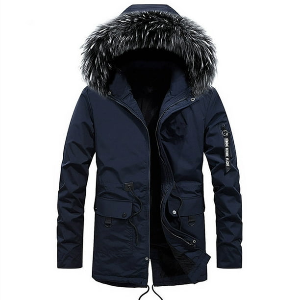 Men s Mid length Jacket with Faux Fur Hood Military Jacket