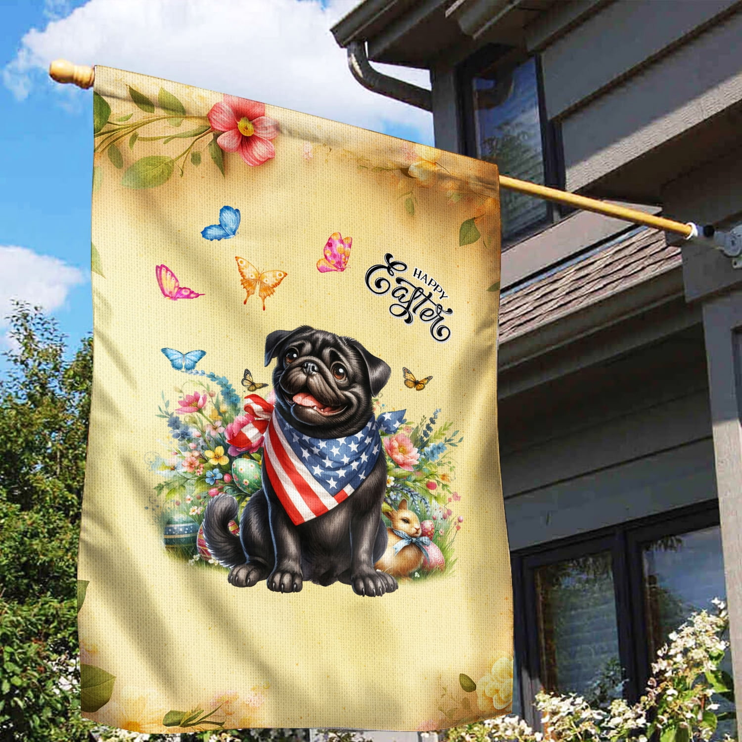 Pug Celebrates Spring and Enjoys a Happy Easter House Flag 28x40in Double Sided Dog Lover Gifts Outdoor Decor - 02001