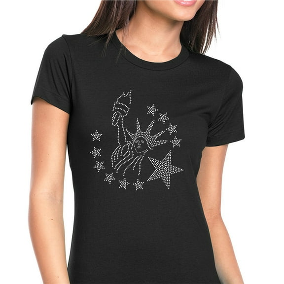 Womens T-Shirt Rhinestone Bling Black Tee Statue of Liberty Sparkle Crew Neck Medium