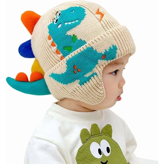 Kids Boys Girls Dinosaur Winter Knit Hat Baby Toddler Thick Scarf Earflap Hood Scarves Skull Caps