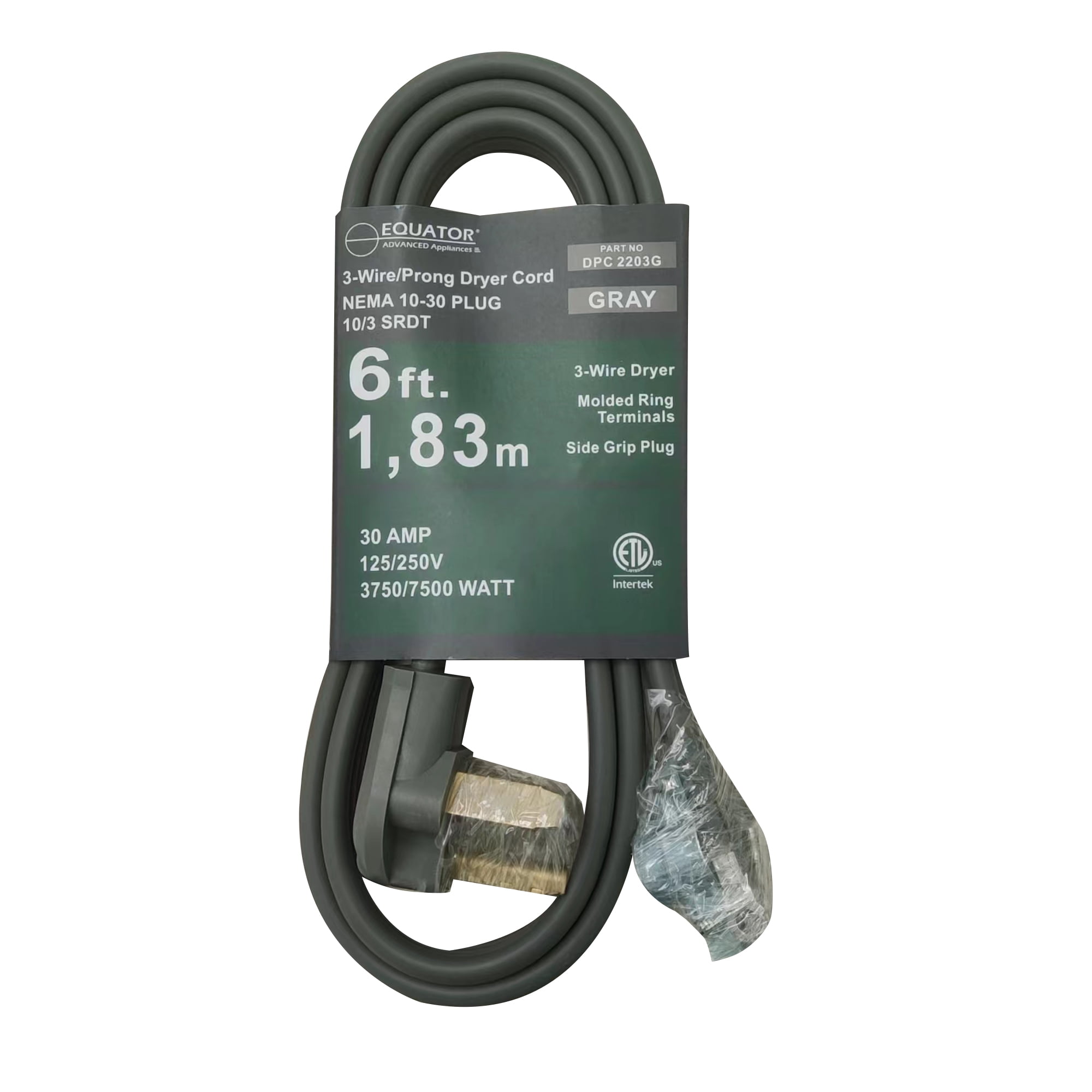 Equator Advanced Appliances 3-Wire Dryer Equator 30A 6 ft 3-Prong Dryer Power Cord Grey