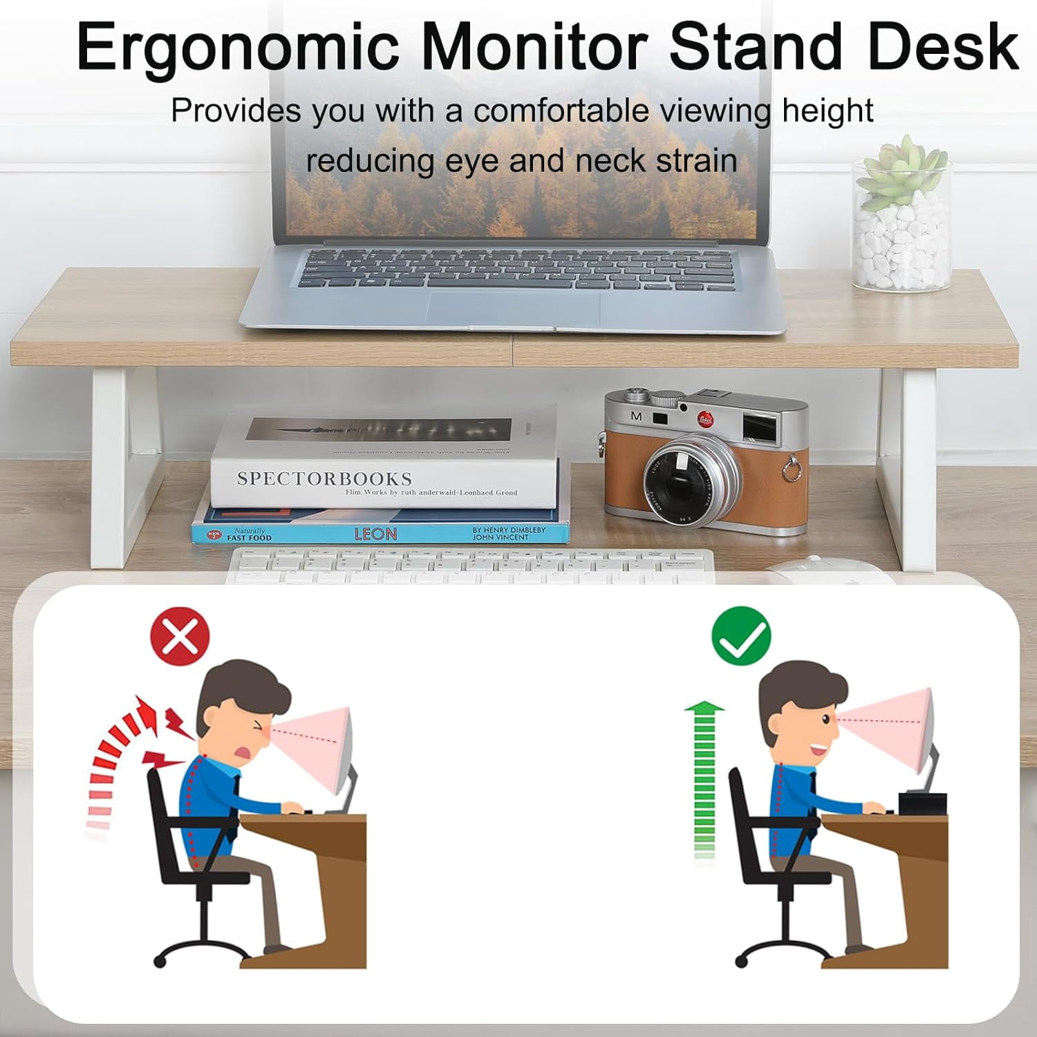 24 inch Monitor Stand Riser, Wood & Steel Computer Monitor Stand with Storage, Laptop, PC, Printer Stand Riser for Desktop Office Desk Organizers
