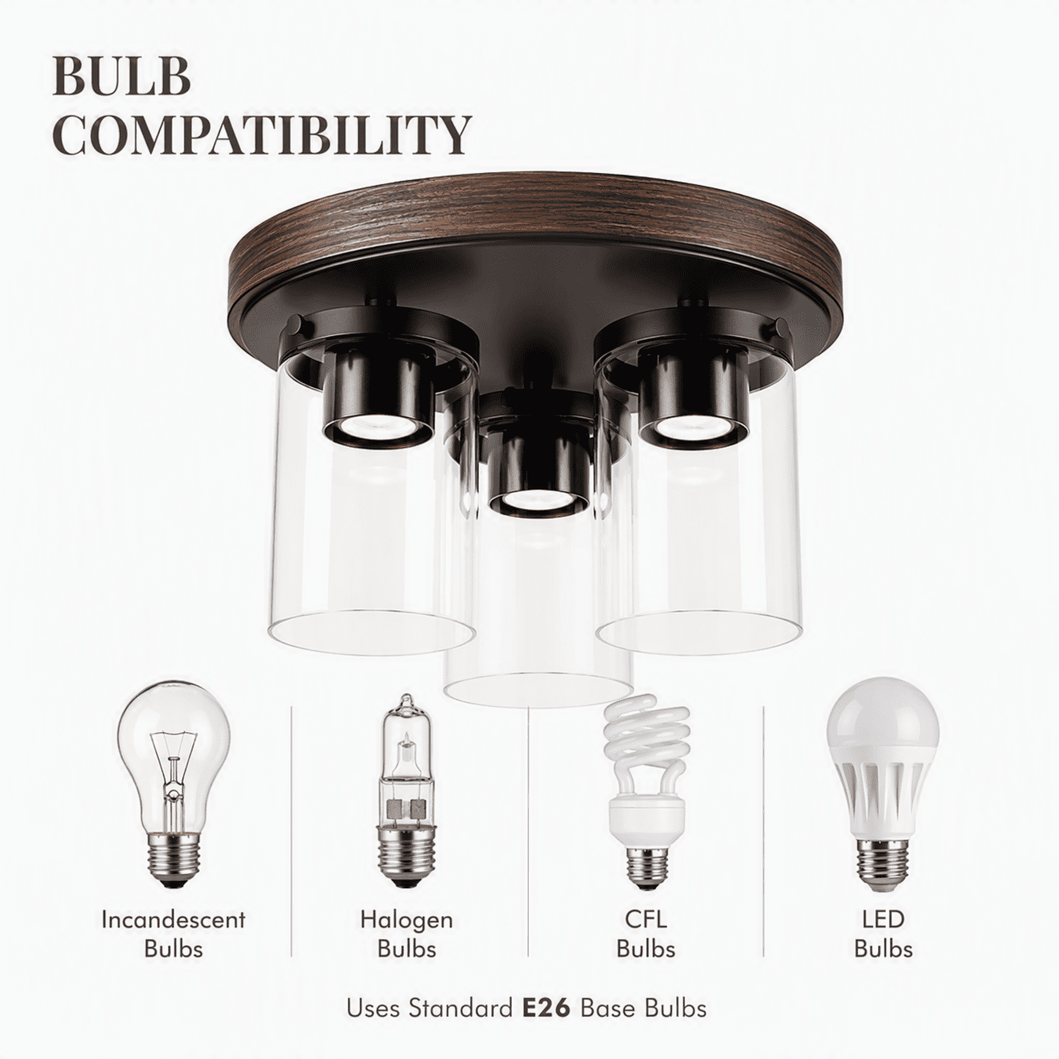 Better Homes & Gardens 12 in. Farmhouse 3-Light Walnut Flush Mount Ceiling Light with Clear Glass Shades