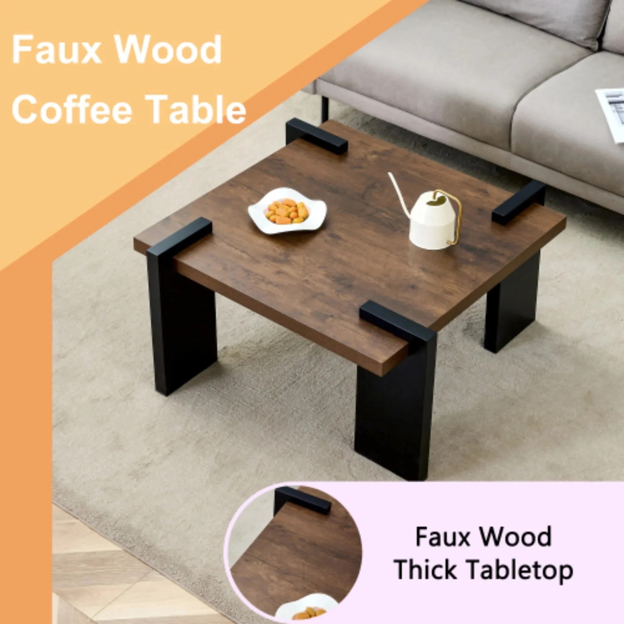 TesNus Modern Square Coffee Table with 4 Legs, Walnut Accent Table with Unique Design for Living Room or Bedroom, Durable and Easy to Clean Furniture Piece