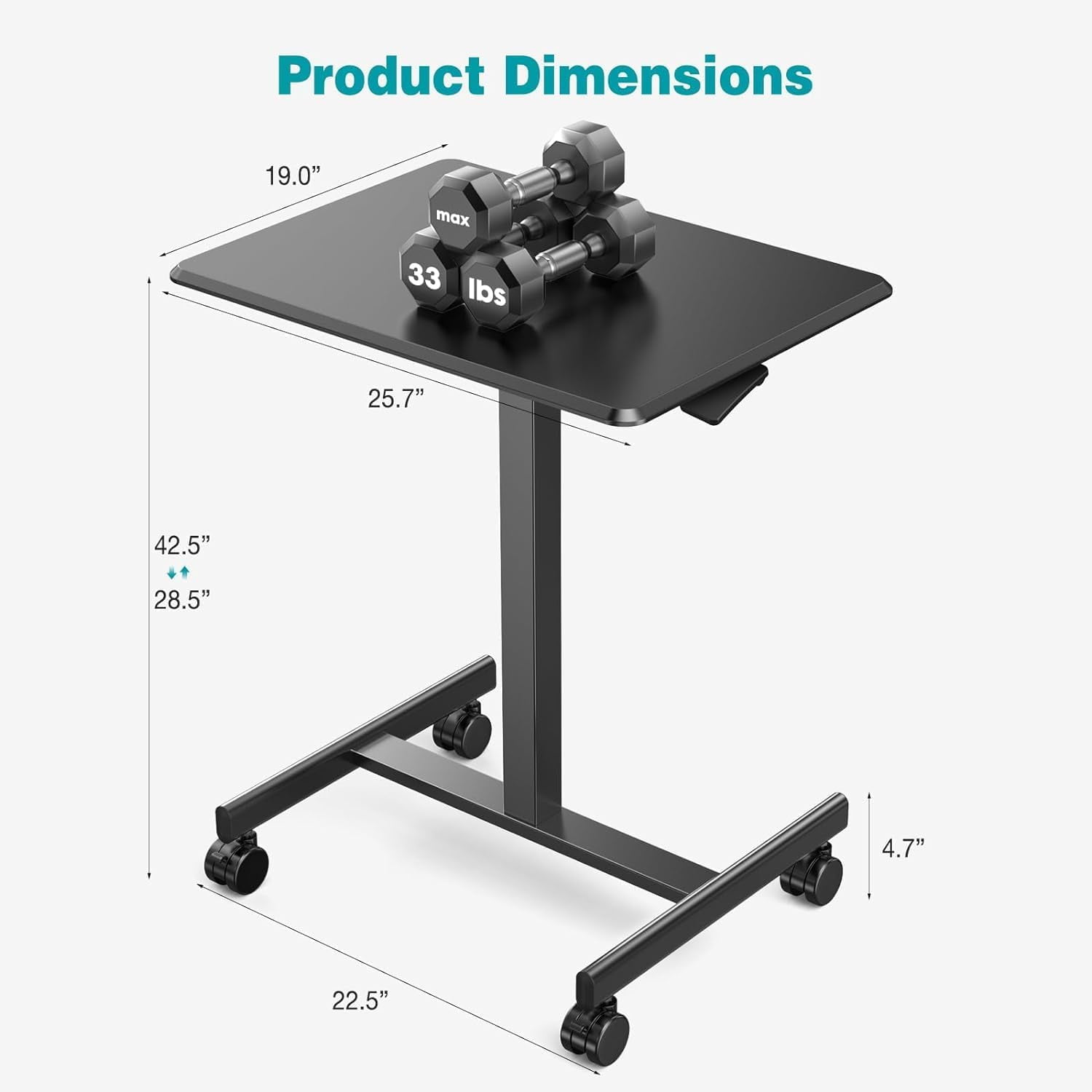 Small Standing Desk, Mobile Stand up Desks with Lockable Wheels, Adjustable Height, 26 Inch Portable Rolling Laptop Computer Desks for Home,Black