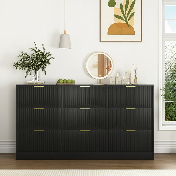 Fluted 9 Drawer Dresser for Bedroom, 63" Wide Modern Chest of Drawers, Curved Profile Design, Wooden Dresser TV Stand with Organizer Storage for Living Room
