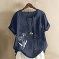 thumbnail image 2 of JSheng Womens Casual Linen Tops Summer Classic Print V-Neck Button Down T-Shirts Loose Short Sleeve Blouses Navy M, 2 of 5