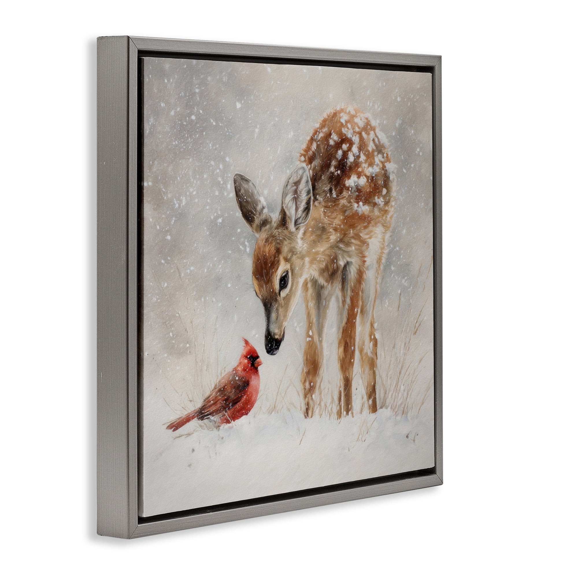 Stupell Industries Little Fawn & The Cardinal Gray Framed Floater Canvas Wall Art, design by Tina LeCour