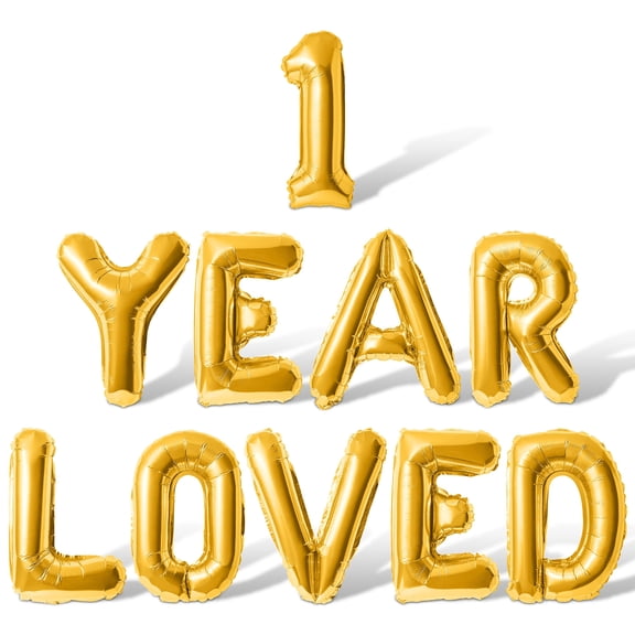 Letter Balloons - 1 YEAR LOVED 16" Inch Alphabet Letters Foil Mylar Balloon 1st Birthday Party Banner (Gold)