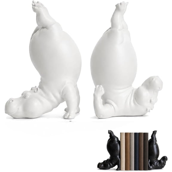 Yoga Hippo Bookends Set of 2, Resin Handstand Hippo Figurine, Whimsical Animal Sculpture, Black White Bookshelf Desk Decor,white 2pcs