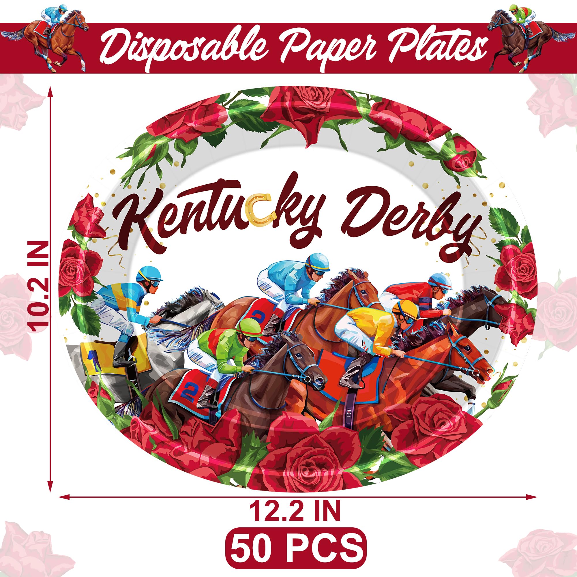 QZYL 50PCS Derby Party Supplies, Large AFN1Oval Derby Plates, Disposable Paper Trays Horse Racing Party Dinner Food Plates Run for the Roses Tableware Kentucky Dinnerware Table Decor
