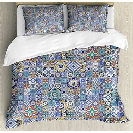 Moroccan Style Duvet Moroccan Duvet Cover Set, Grid Style Squares Ornamental Geometric Elements Oriental Culture Illustration, Decorative Bedding Set with Pillow Shams, Multicolor, by Ambesonne ()