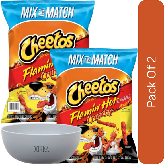 Cheetos Crunchy Flamin’ Hot Cheese Snacks, 17.37 oz-2pk, With Olive White Bowl By OMA
