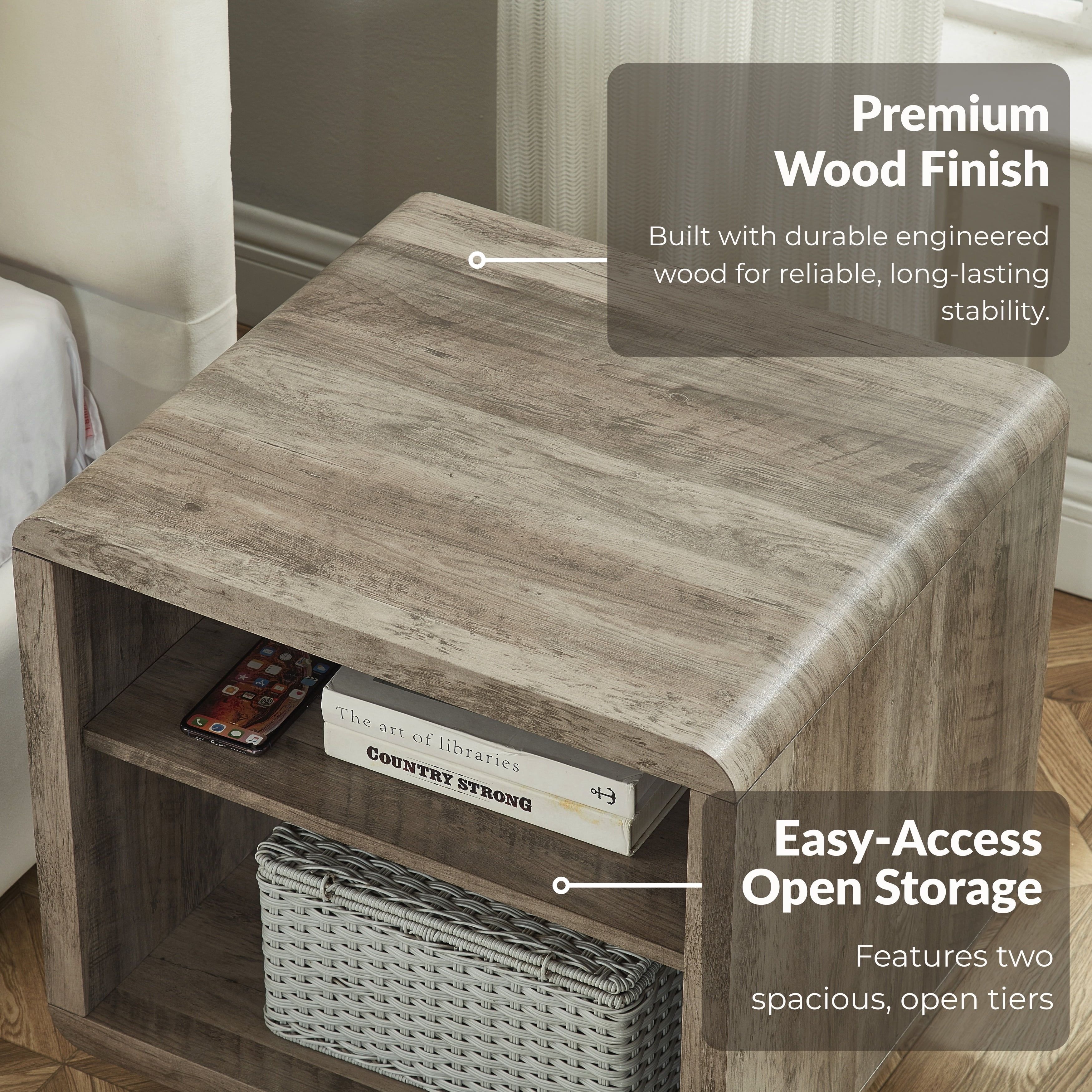 Roundhill Furniture Lux Modern Wood Shelf Side Table, Bedside Nightstand, Gray