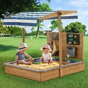 Large Sandboxes with Canopy, Linor Sand Pit for Kids with Adjustable Cover & Sand Funnel & Drawing Board, Kids Outdoor Sand Box Play for Backyard, Garden, Beach, Outdoor Patio (Brown, Oak)