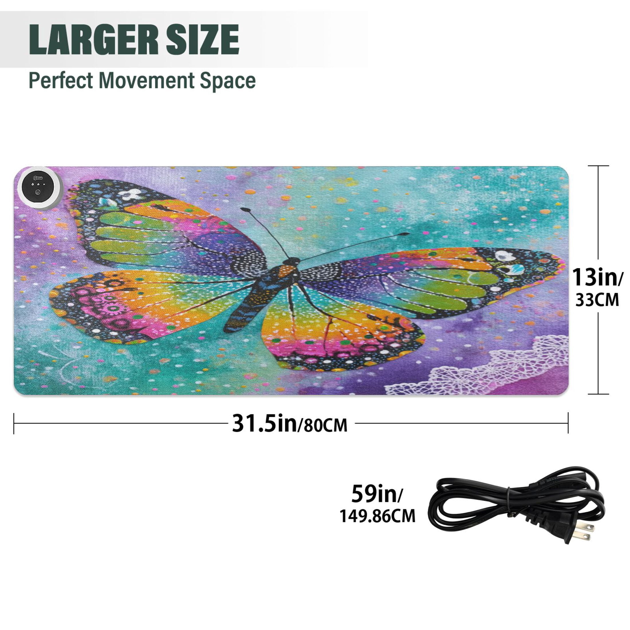Wobogo Monarch Butterfly Heated Mouse Pad Extra-Large Desk Mat With 3 Heating Levels and 3-hour Auto Shut-Off Protection Ideal for Computer Keyboards Home Office Hand-warming Essential 31.5in × 13in
