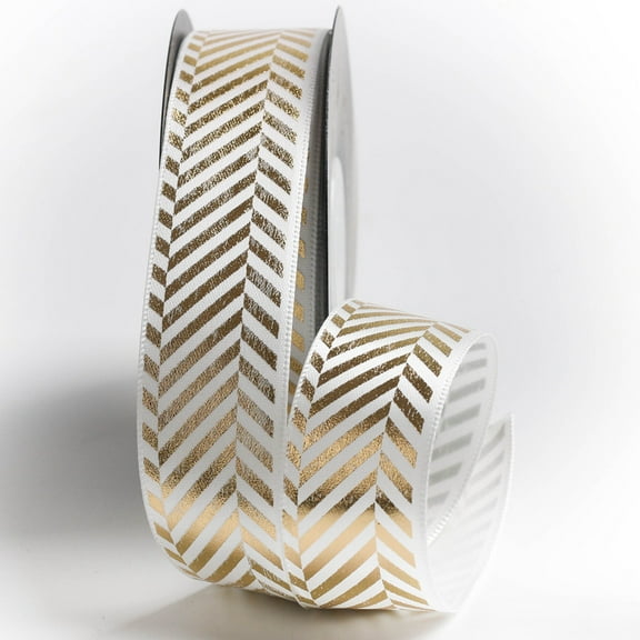 10 Yards Gold Foil Satin Ribbon 1”Wide White Decorative Ribbon with Stripe Printed for Gift Wrapping Handmade Craft Party Wedding Decoration