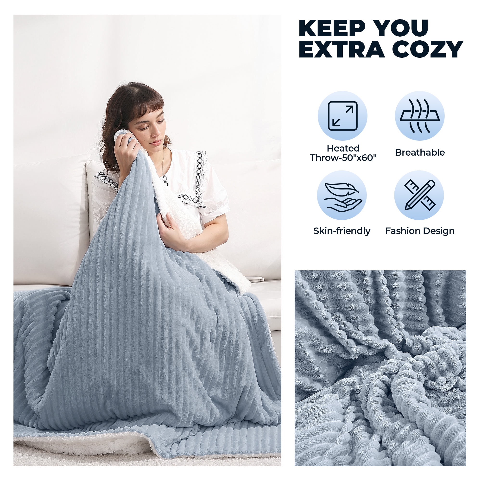 Naipo Heated Blanket 50" x 60" Flannel Soft Blanket for Couch 6 Heat Settings and 4 Hours Timer Shutdown Machine Washable Blue