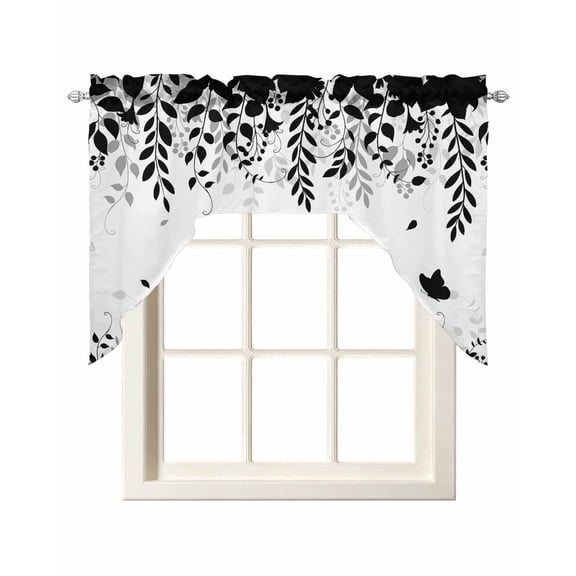 Black Spring Botanical Swag Valances for Windows, Small Curtains Drapes, Weeping Eucalyptus Butterfly Kitchen Window Curtains Over Sink Window Treatment Valance for Bedroom/Bathroom 56"x36"
