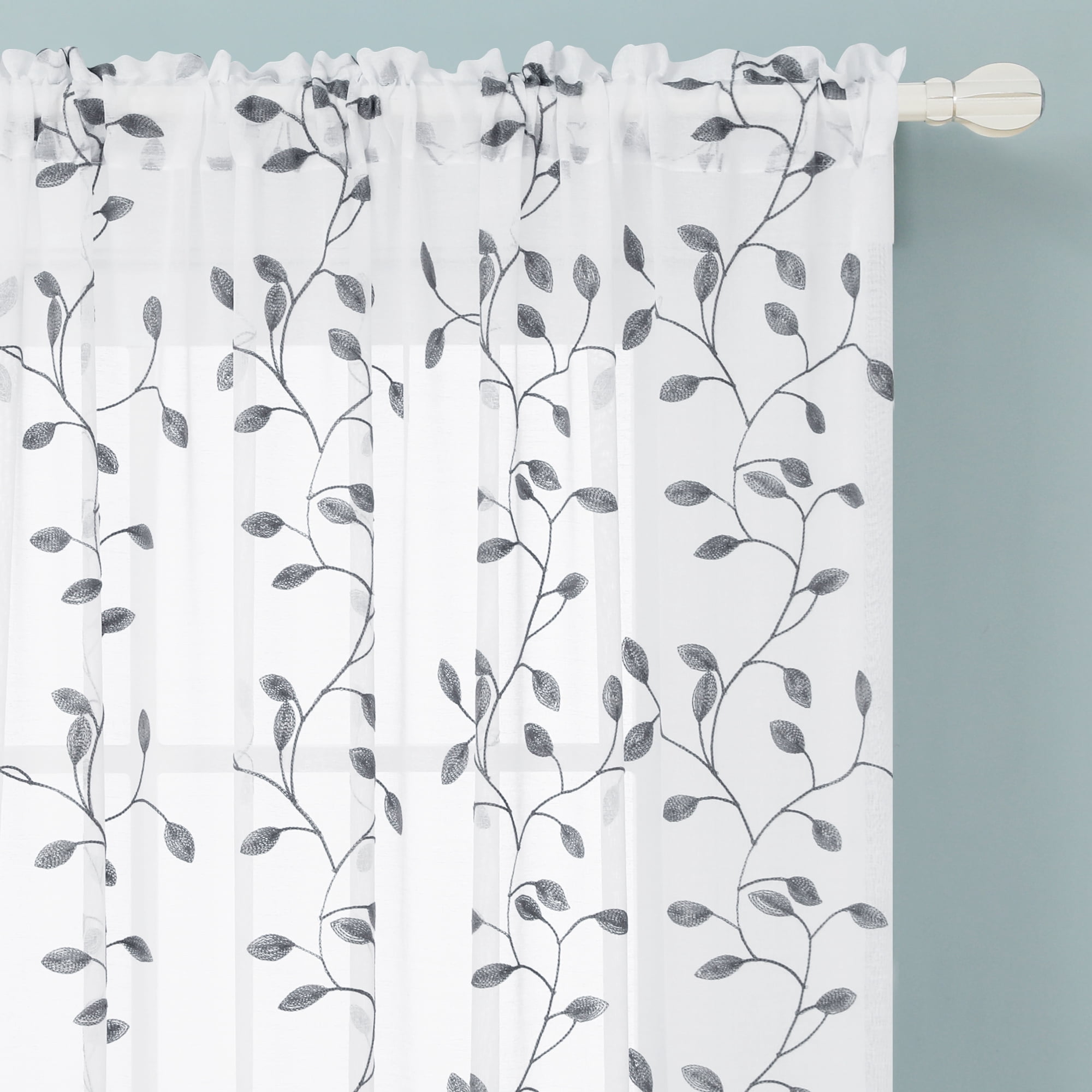 Deconovo Embroidered White Sheer Curtains, 2 Panels Curtains with Leaves Pattern for Balcony - 2 Panels, Each 52x45 in, Gray