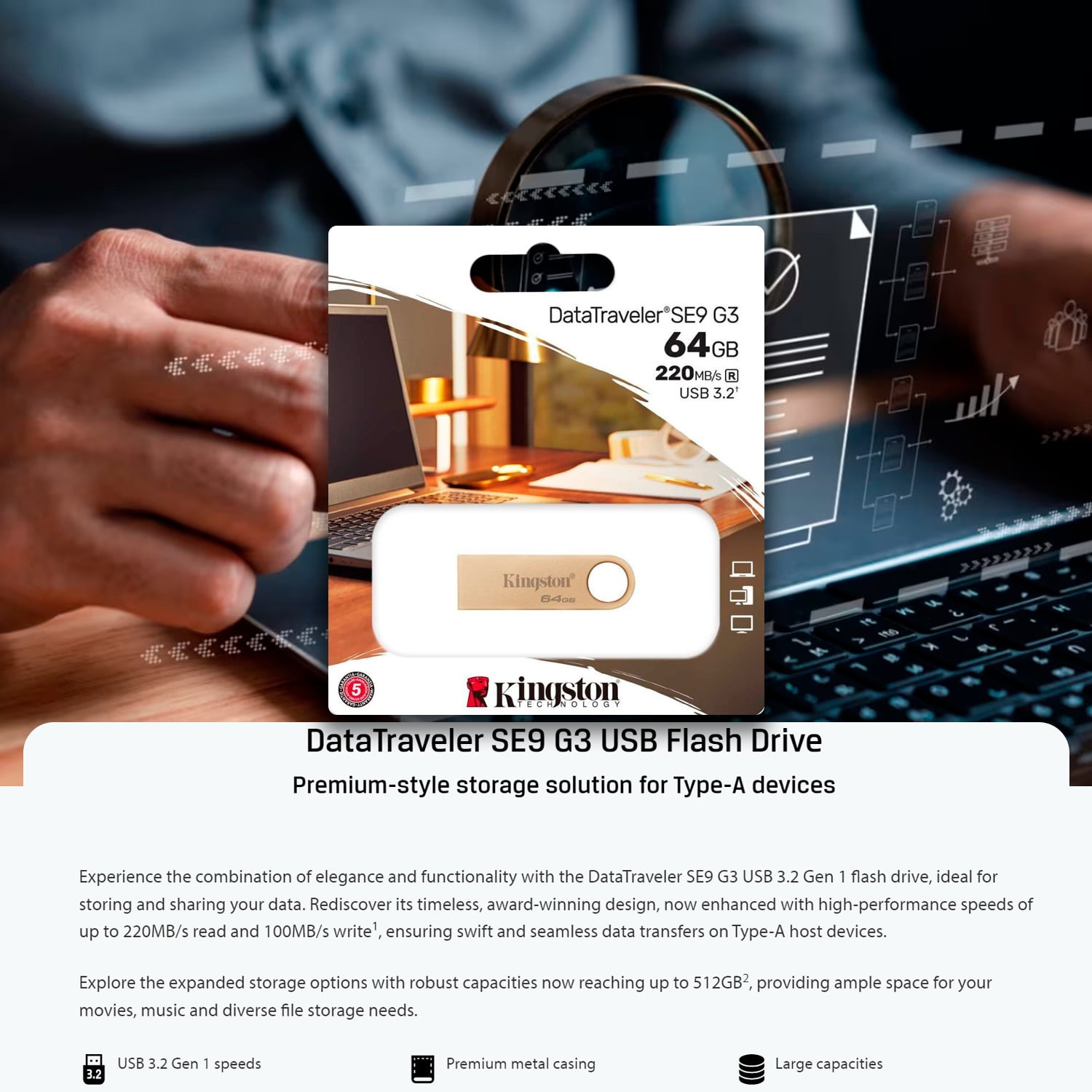 Kingston DataTraveler SE9 G3 USB 3.2 Gen 1 Flash Drive with 220MBPS Read Speed (5-Pack) Bundle with Stainless Steel Keyring Set (6 Items)