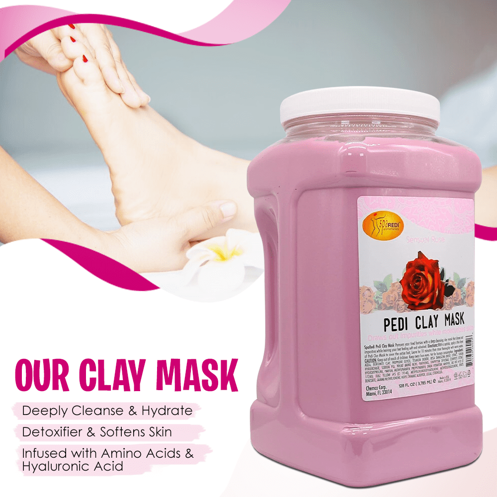 SPA REDI - Clay Mask, Sensual Rose, 128 Oz - Pedicure and Body Deep Cleansing, Skin Pore Purifying, Detoxifying and Hydrating - Natural Bentonite Clay, Infused with