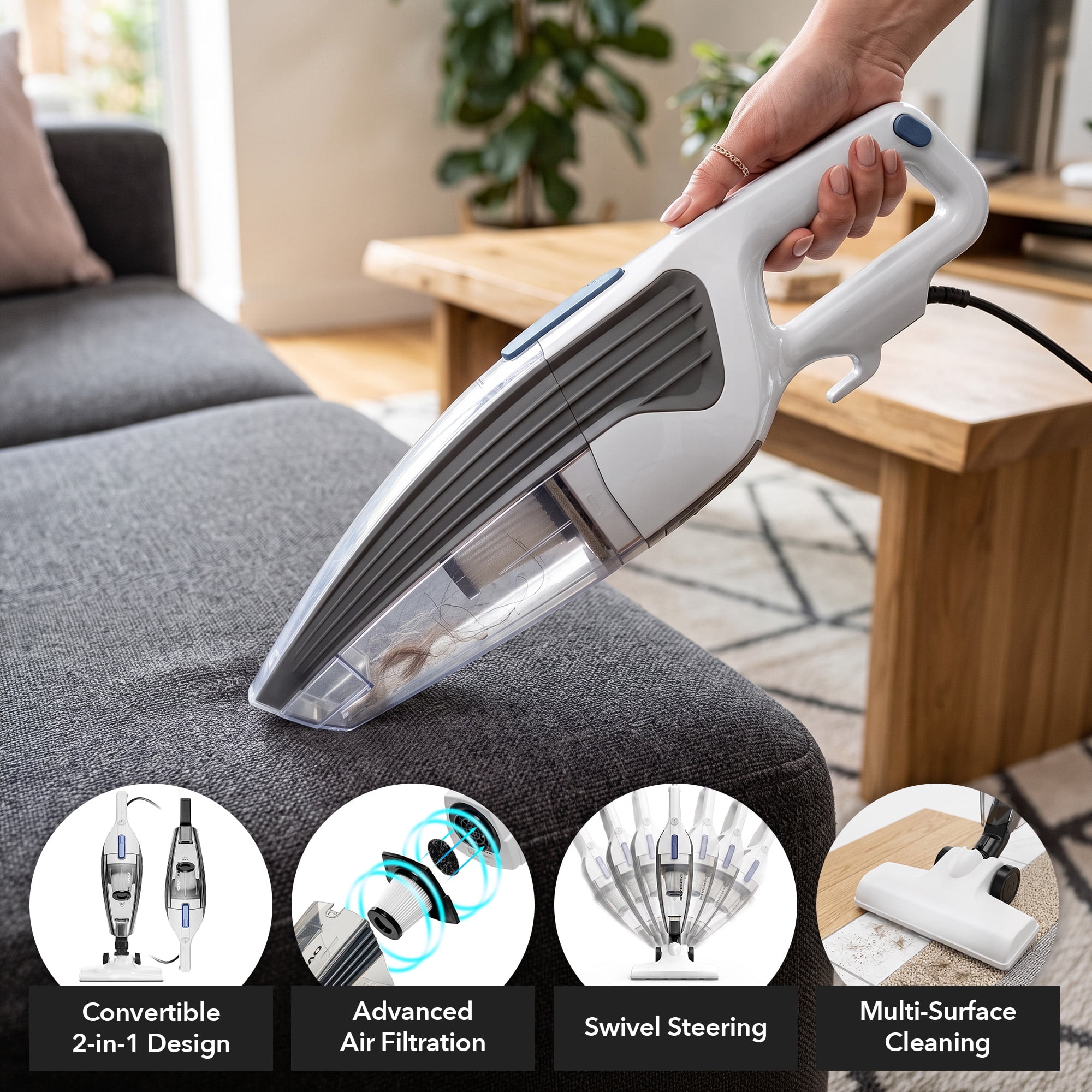 OVENTE Electric Corded Stick Vacuum, 600W Motor, White ST101WP | Powerful Suction, Handheld Lightweight Bagless Multi-Surface Cleaner for Home, Includes Floor Brush and Crevice Nozzle Tool