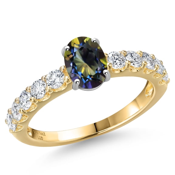 Gem Stone King 14K Two Tone Gold Blue Mystic Topaz and Lab Grown Diamond Engagement Ring for Women | 1.60 Cttw | Oval 7X5MM | Gemstone November Birthstone | Size 8