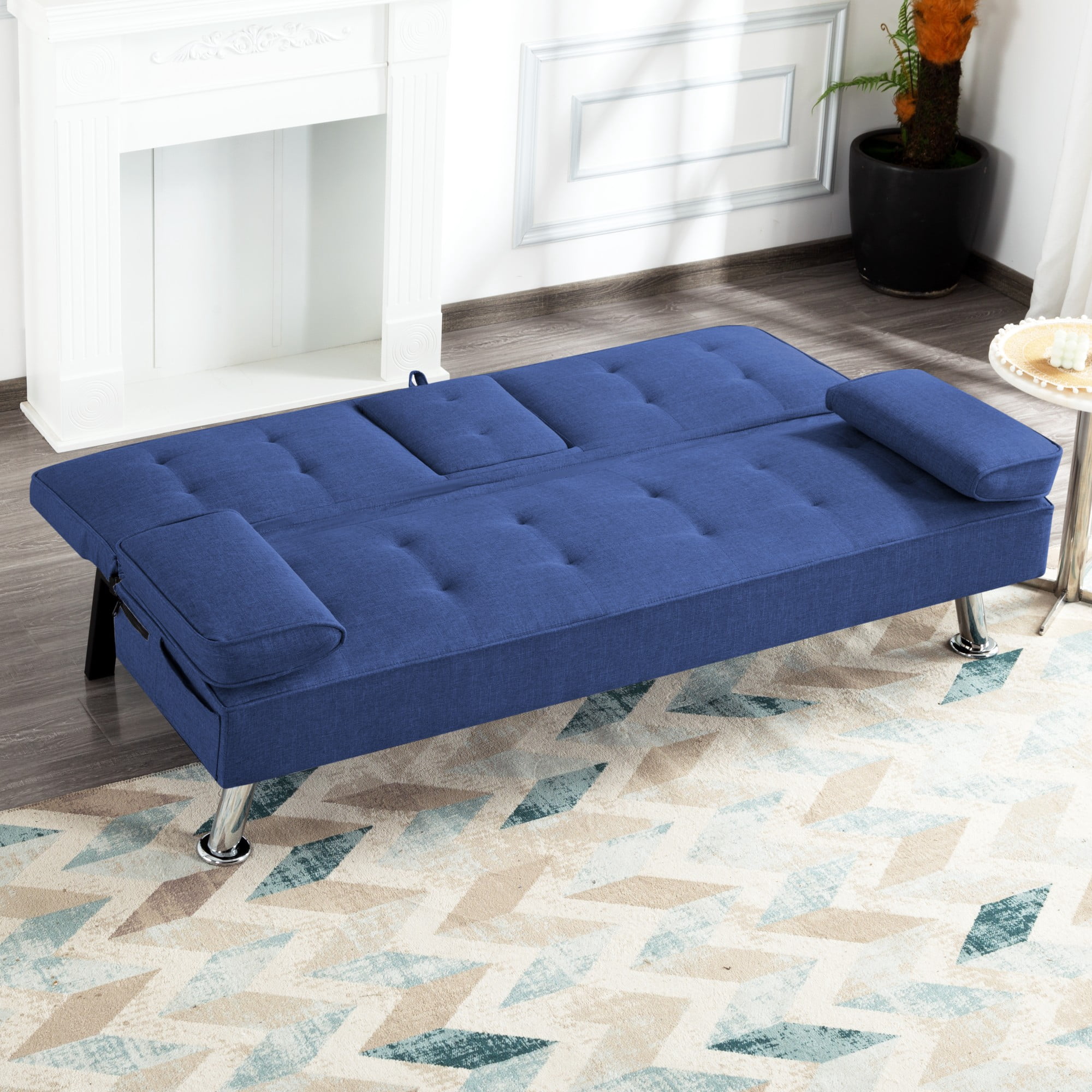 Gewnee 65.3" 3‑in‑1 Convertible Futon Sleeper Sofa, Polyester Foldable Sleeper Couch with Adjustable Backrest,Sofa Bed with Cup Holders & Storage Bag for Small Apartments，Navy Blue