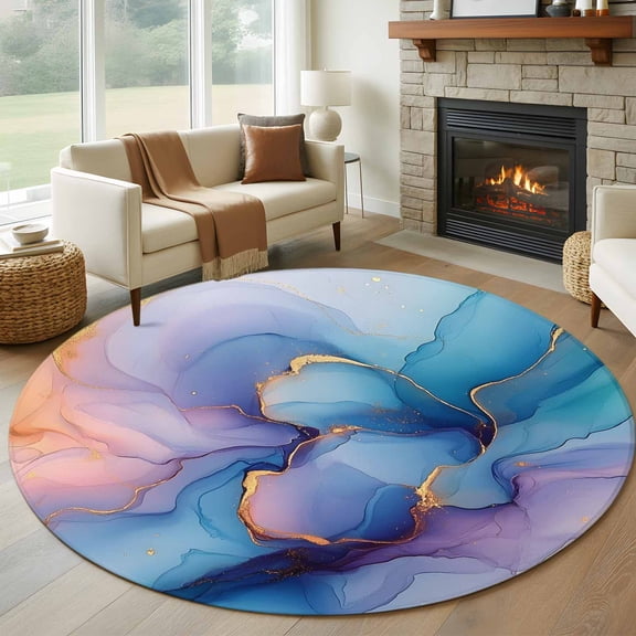 Round Rugs 5Ft, Blue Purple Marble Round Area Rug Washable Indoor Throw Carpet, Modern Teal Gold Geometric Soft Non Slip Circle Rug for Cabinet Bathroom Home Decor Aesthetic