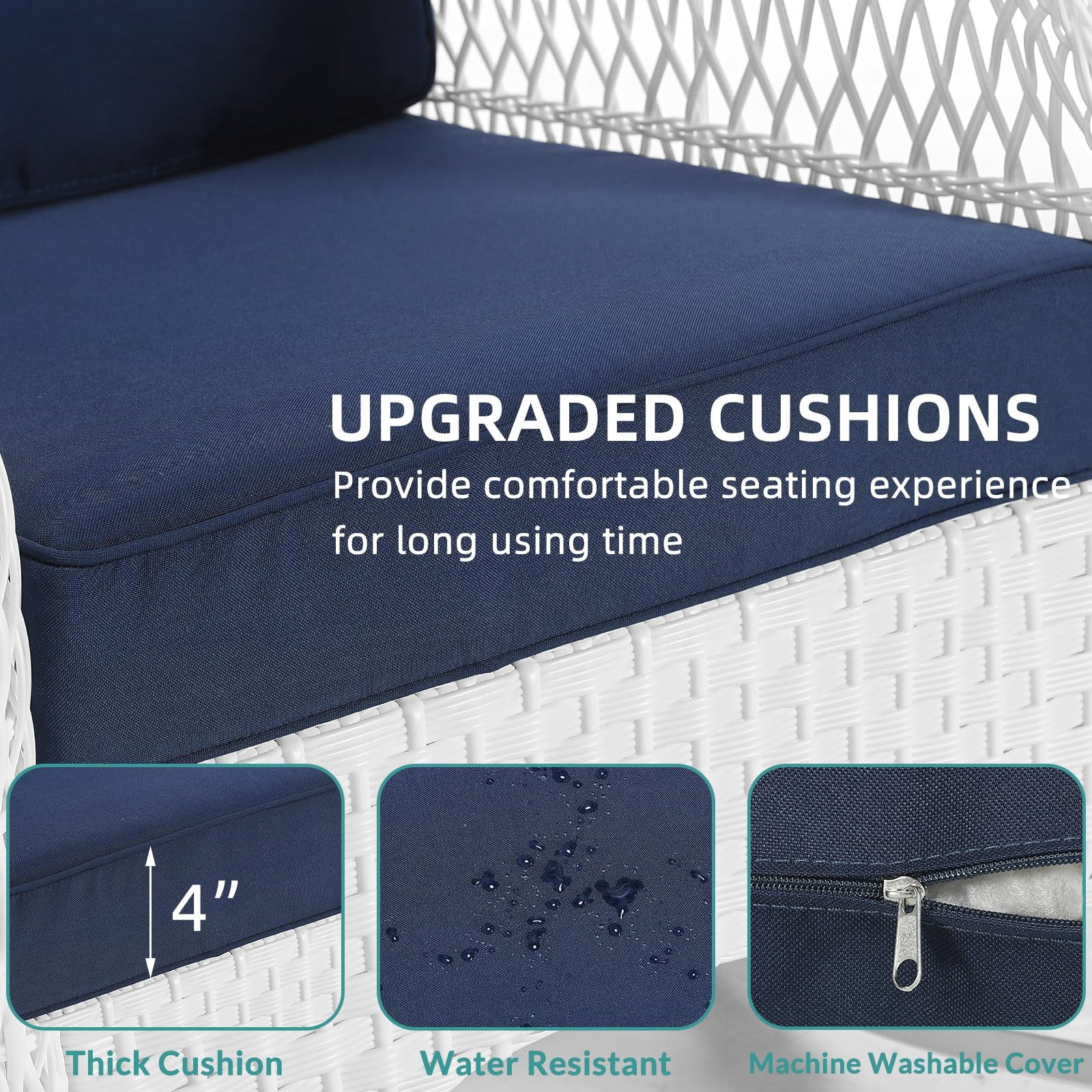 MEETWARM 3 Pieces Patio Conversation Set, Rattan Outdoor Rocking Patio Bistro Set with 2 Rockers and 1 Side Table with 4" Thick Cushions, Outdoor Furniture Set for Porch Backyard, White Wicker/Navy