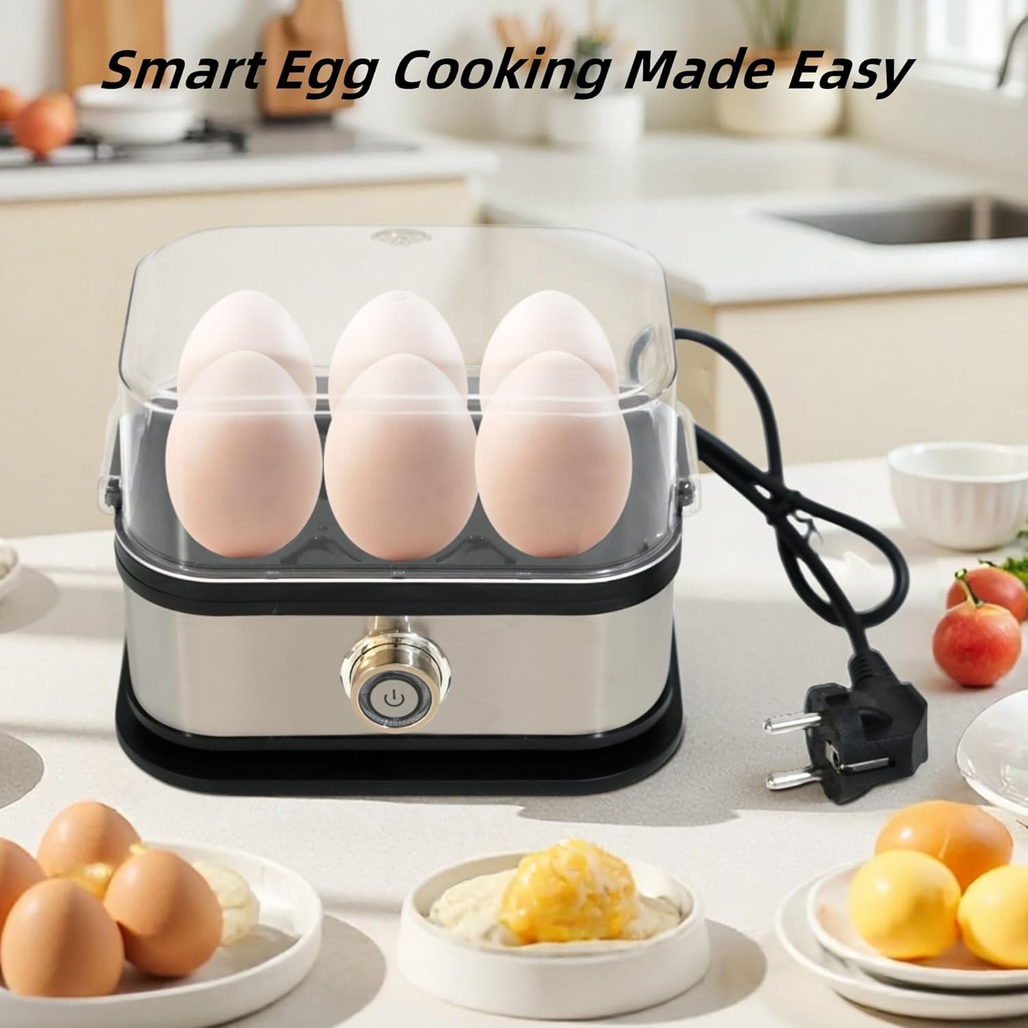 Smart Egg Cooker with Auto Shut-Off – 6 Egg Capacity Electric Egg Cooker, Rapid Hard/Medium/Soft Boiled Egg Steamer, Multi-Function for Poached, Scrambled Eggs & Vegetables