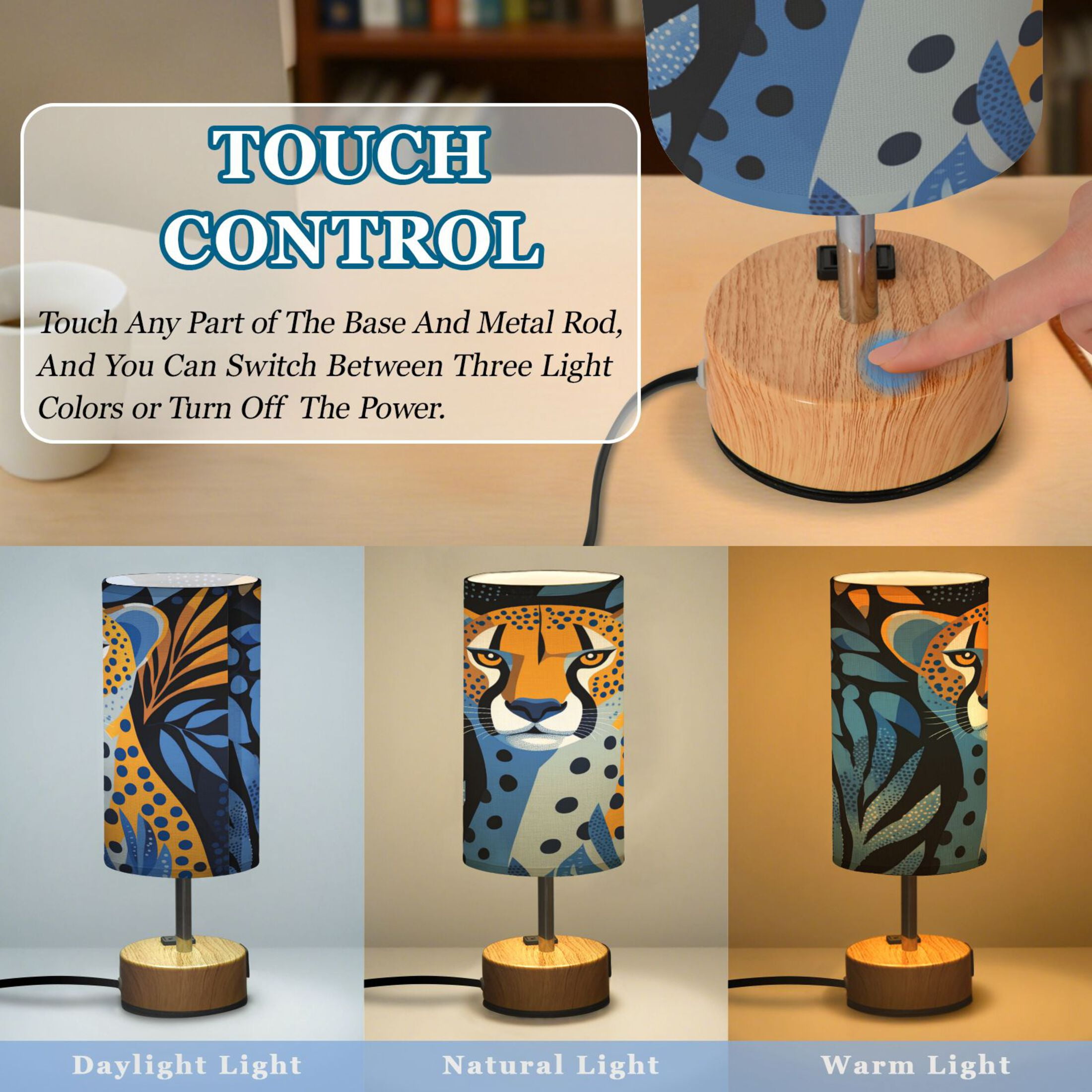 Touch-Control 3-Color Desk Lamp with Plug – Energy-Saving LED + 3 Simultaneous Charging Ports Cheetah in Cubist Style