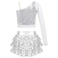 thumbnail image 2 of Alvivi Girls Sequins Long Sleeve One Shoulder Latin Jazz Dance Crop Top with Ruffle Skirted Shorts Silver 14, 2 of 7