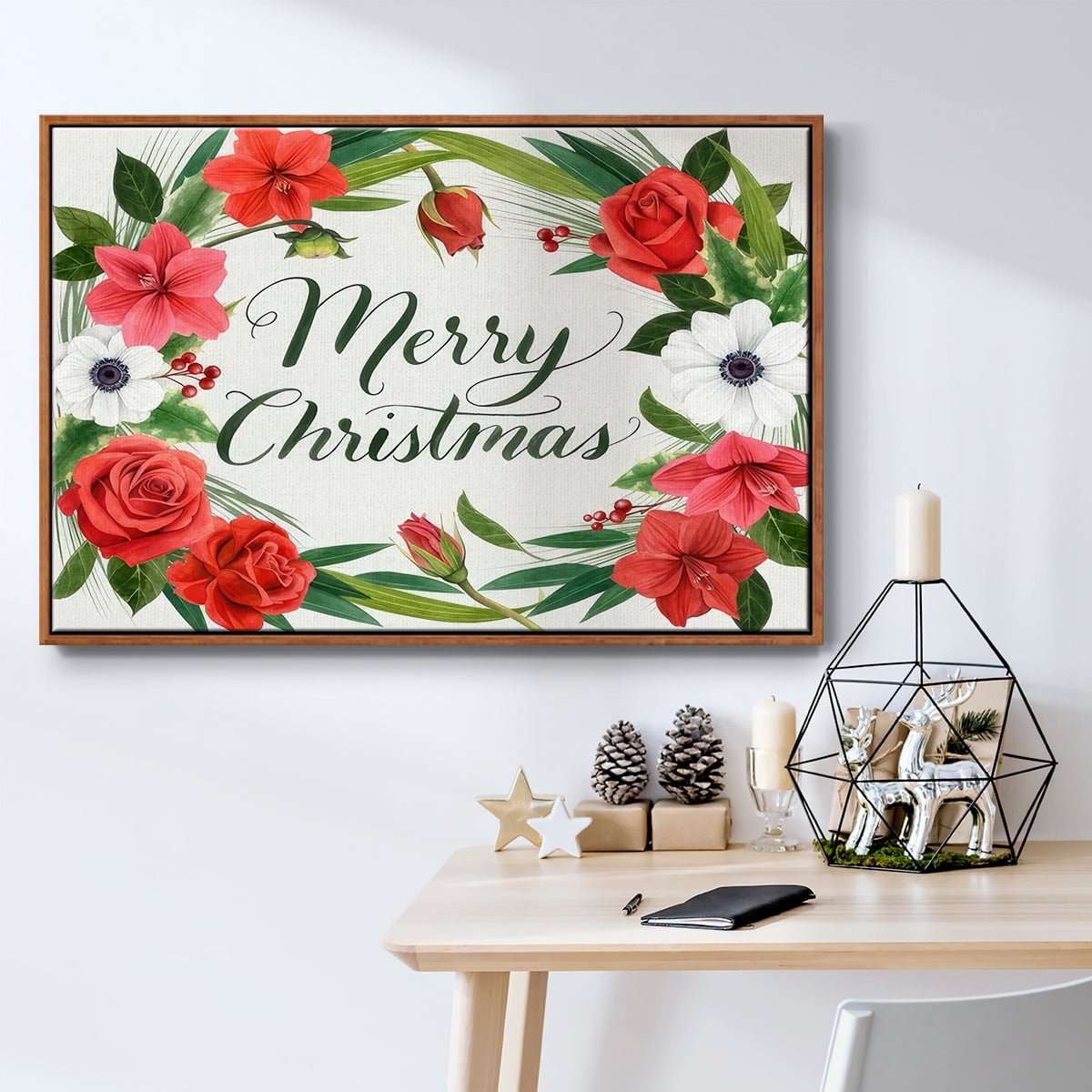Christmas Flora Wreath Collection A - Framed Gallery Wrapped Holiday Canvas - 27 x 41 - Rosewood Frame