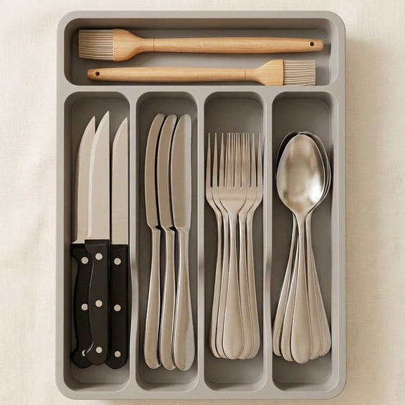Luncia Silverware Drawer Organizer Tray – Plastic Cutlery & Utensil Holder Divider with 5 Slots, 9.1 x 12.6", Gray