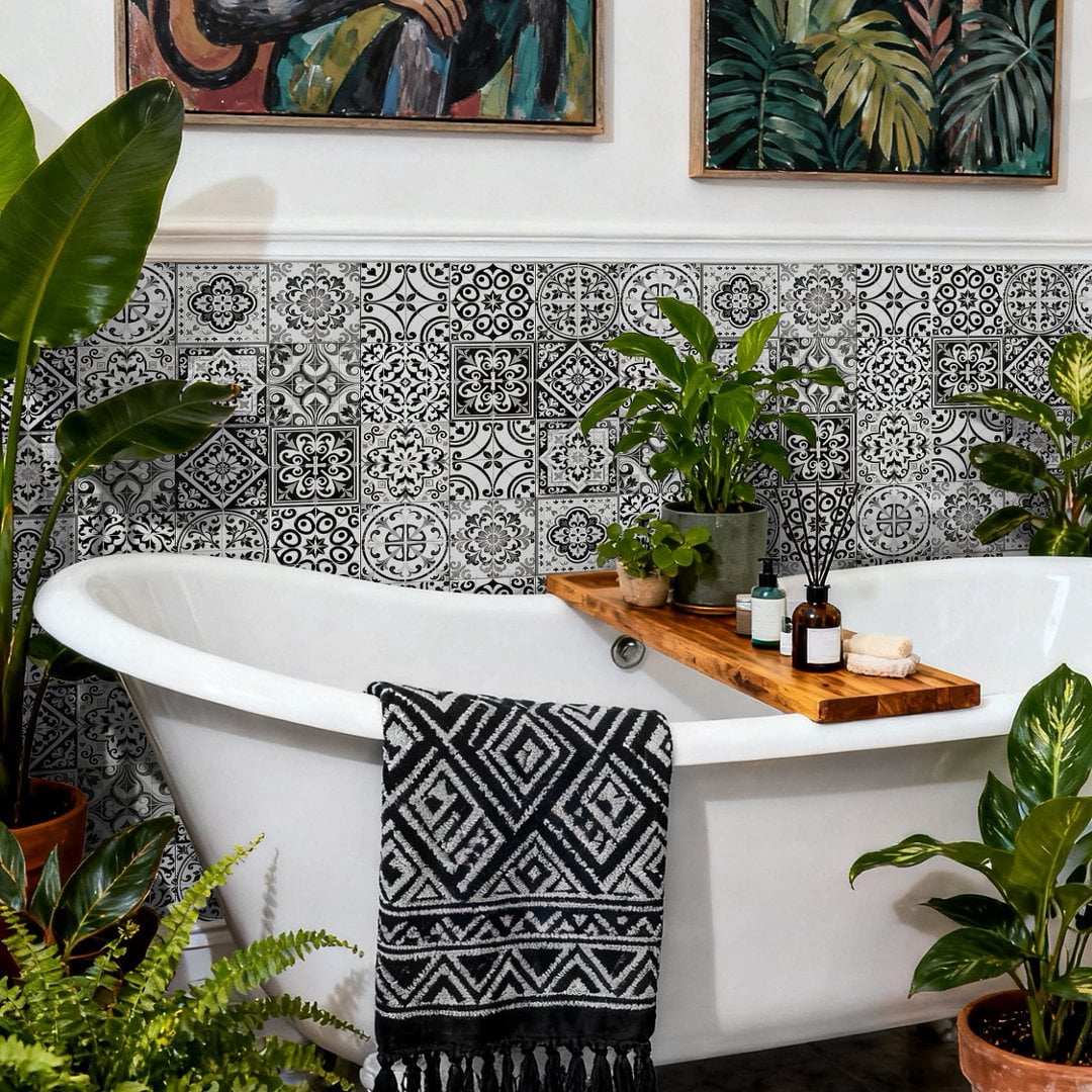 24Pcs Tile Sticker Waterproof Peel and Stick Backsplash 7.87" x 7.87" Gray Black Flowers Pattern Wall Stickers Self Adhesive Decals DIY Decor