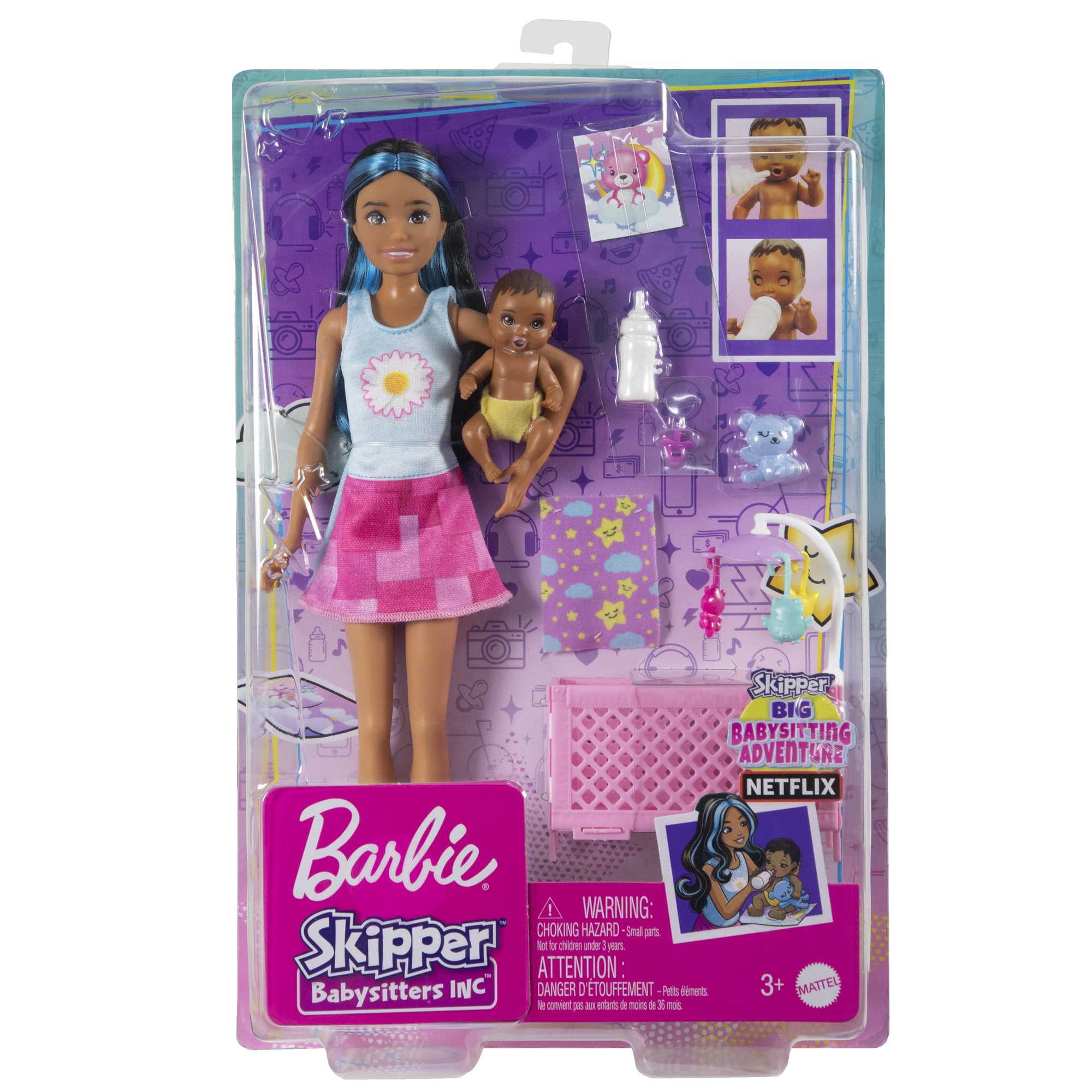 Barbie Skipper Babysitters Inc Bedtime Set, Brunette Doll, Sleepy Baby Doll, Crib & Accessories