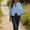 Light Blue, variant on HOMBOM Womens Button down Shirts Summer Cardigan Cotton Linen Light Blue Solid 3/4 Sleeve Dressy Casual Blouse for Ladies Lapel