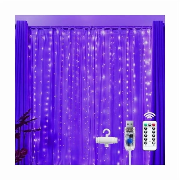 CJB Purple 300 LED Fairy Curtain Lights, 9.8ft x 9.8ft Curtain String Lights, USB Plug in 8 Lighting Modes LED Christmas String Hanging Lights with Remote for Bedroom Indoor Outdoor Weddings