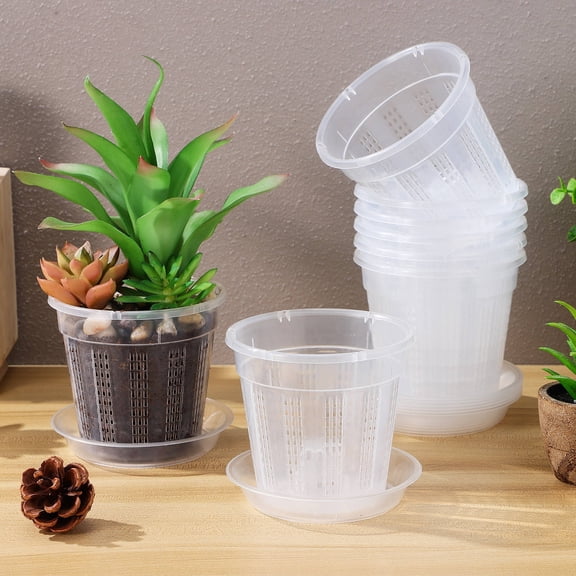 RENACLIPY Clear Plastic Plant Pots with Drainage Holes and Saucers, Slotted Orchid Containers for Indoor Gardening