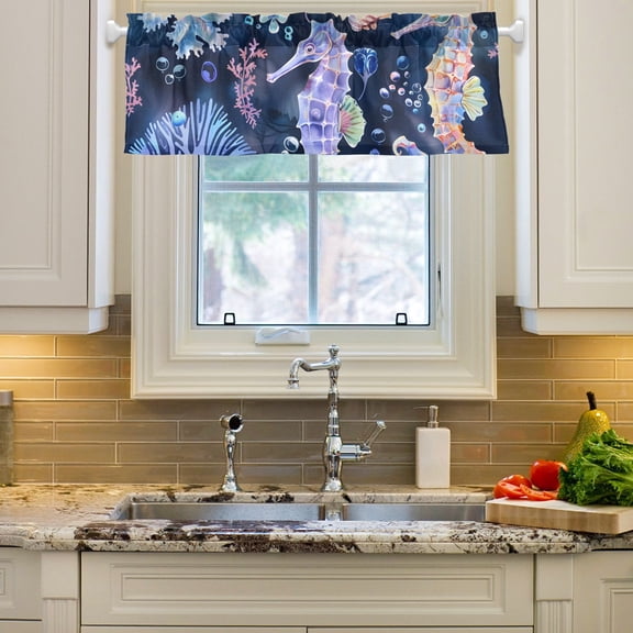 Seahorse with Jellyfish Curtain Valances Farmhouse Design Window Treatment Decor Blackout Rod Pocket for Windows Living Room Kitchen 54" x 18"